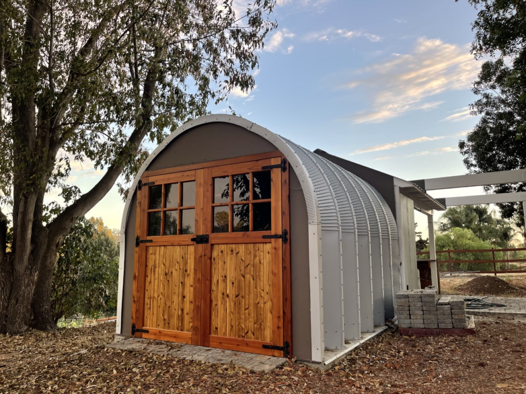 S-Model shed with custom wood doors